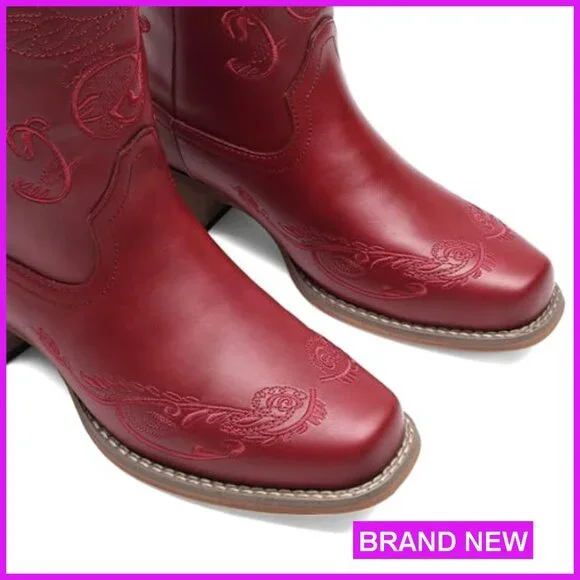 Square Toe Cowgirl Boots Chunky Heel Mid Calf Western Embroidered Stitched Pull - Picture 6 of 7